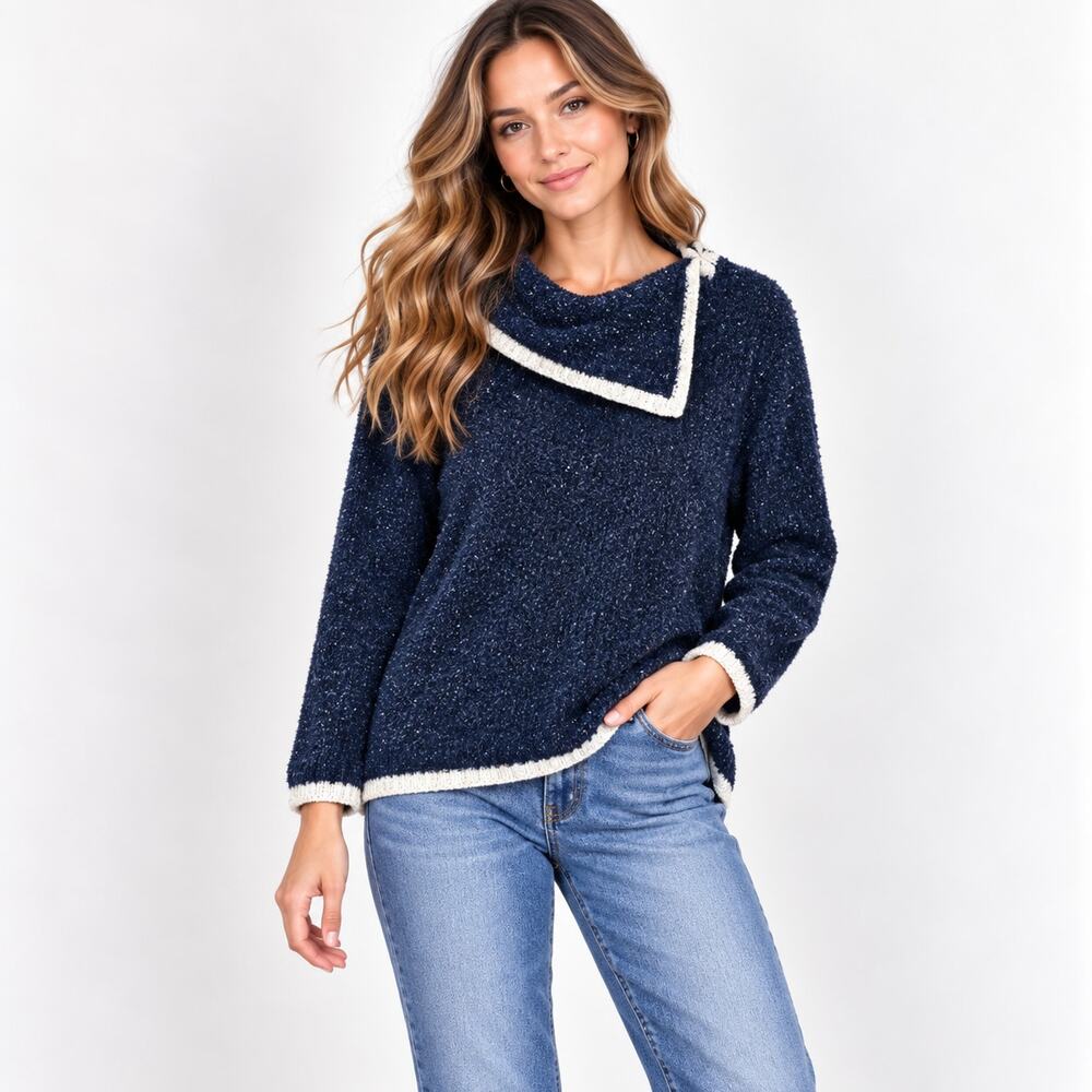 Crown & Ivy Drop Shoulder Sleeve Lurex Sweater Size PL Navy Silver Sparkle Glam